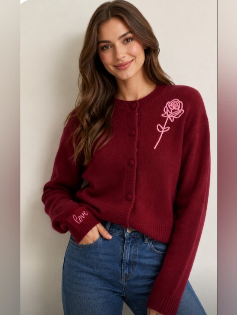 JOIE "Love" Embroidered Cardigan Sweater In Red Wine | L